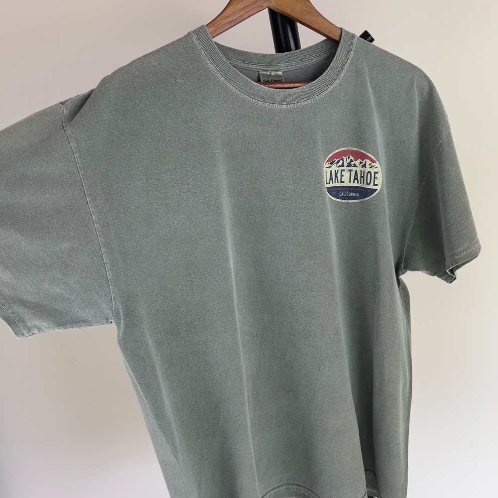 Gildan Ultra Cotton Lake Tahoe California Graphic T-Shirt Faded Green Large